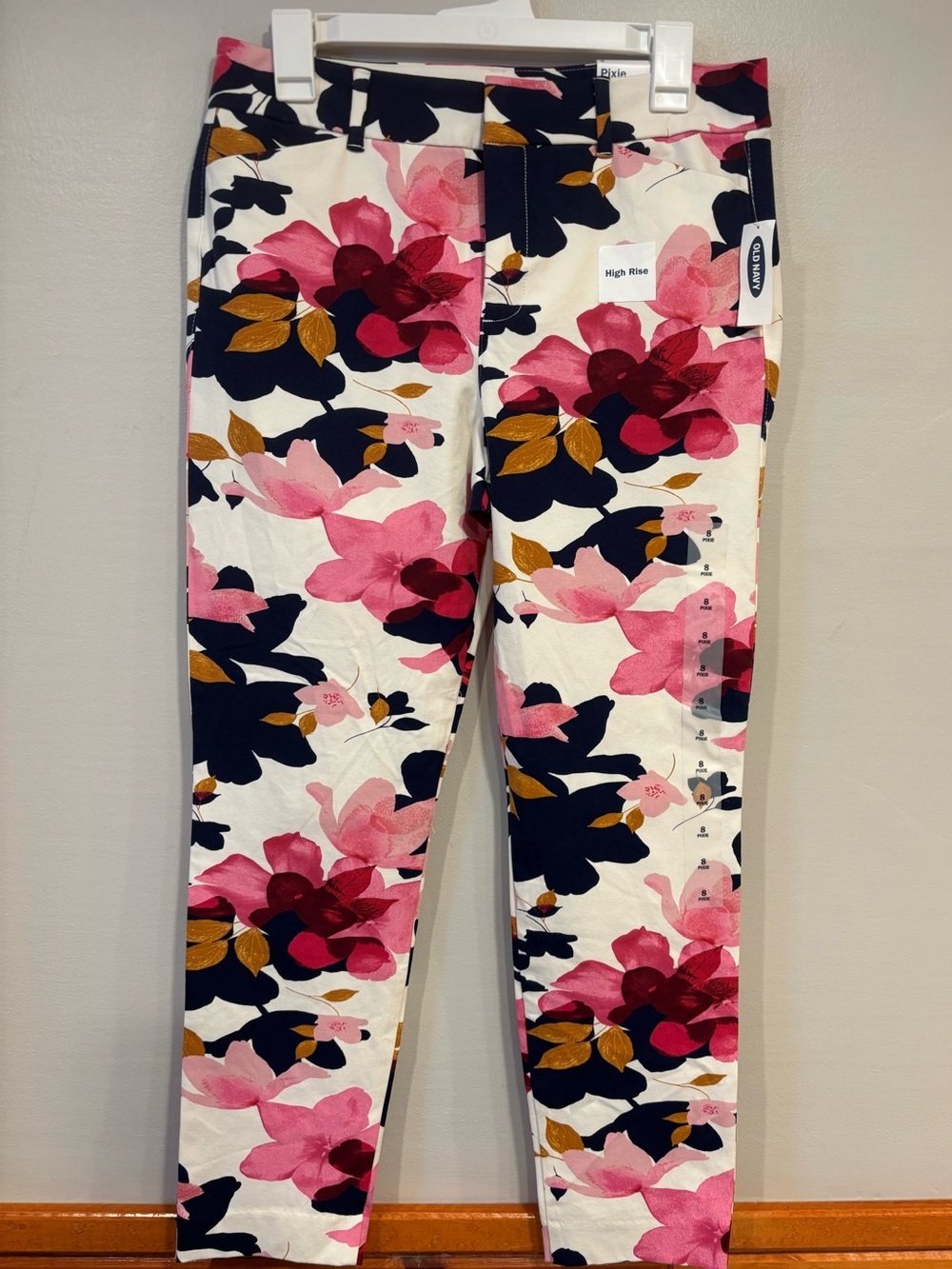 Old Navy Pixie High Rise White Stretchy Pants Pink Navy Floral Women's 8 NWT - Picture 7 of 8